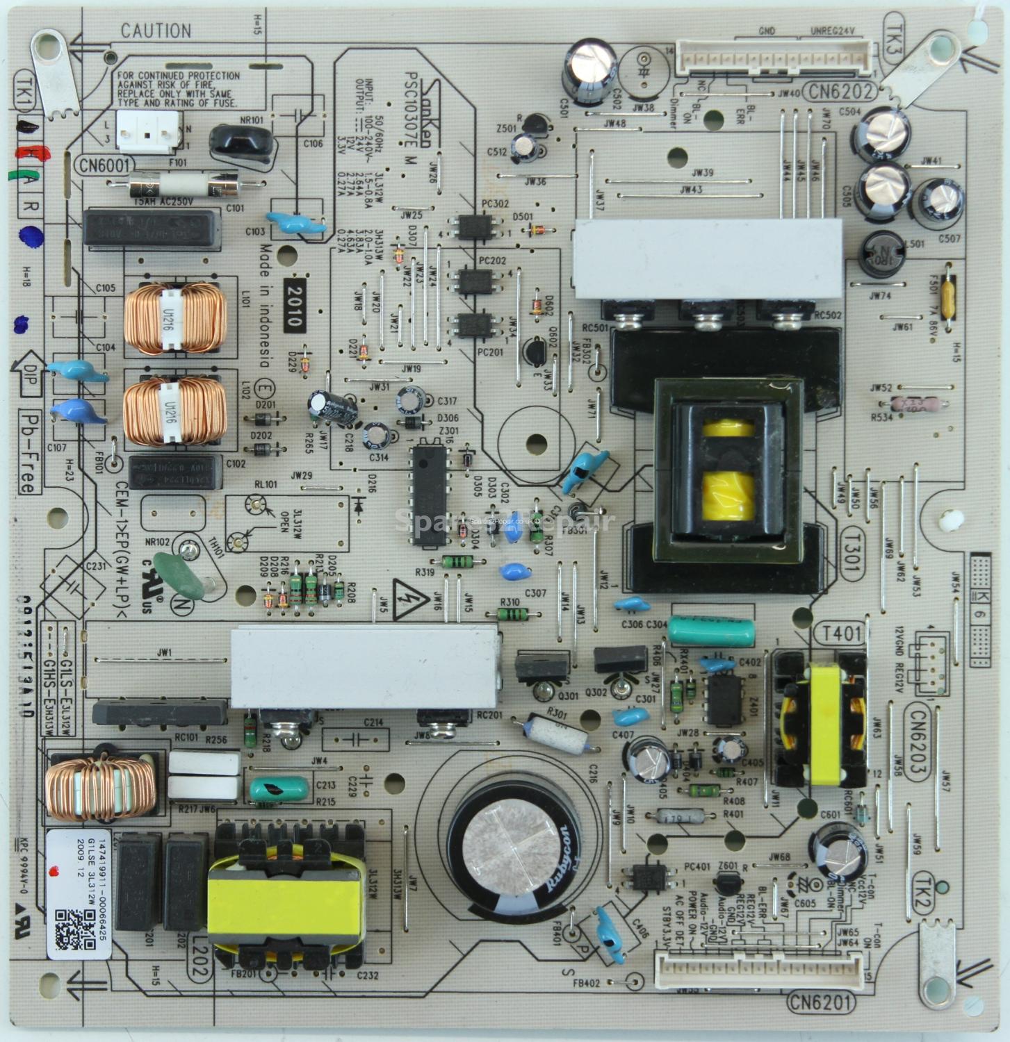 Sony KDL-26EX302 - PSU - G1LS-E 3L312W - SanKen PSC10307E M - 147419911